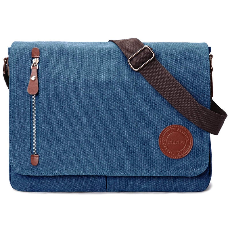 Mactso Vintage Canvas Satchel Messenger Bag for Men Women,Travel Shoulder bag 13.5" Laptop Bags Bookbag (Blue) - Image 1